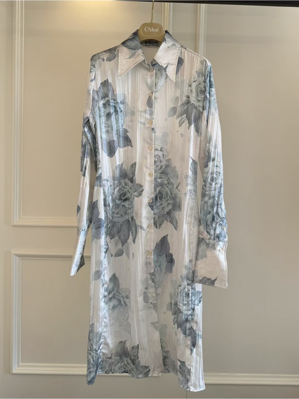 Acne Button-Down Floral Shirt Dress in Light Blue and White
